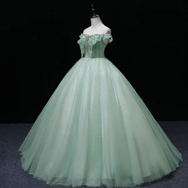 Elegant Sage Green Sequins Prom Dresses 2022 Ball Gown Off-The-Shoulder Sleeveless Rhinestone Butterfly Beading Backless Pearl Floor-Length / Long Formal Dresses