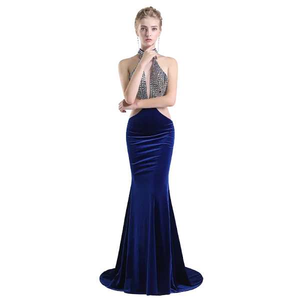 Luxe Bleu Marine Robe De Soirée 2019 Trompette / Sirène Titulaire Faux Diamant Daim Sans Manches Dos Nu Train De Balayage Robe De Ceremonie