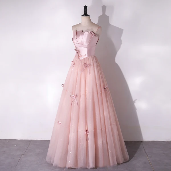 Lovely Blushing Pink Bow Beading Prom Dresses 2024 A-Line / Princess Strapless Sleeveless Backless Floor-Length / Long Prom Formal Dresses