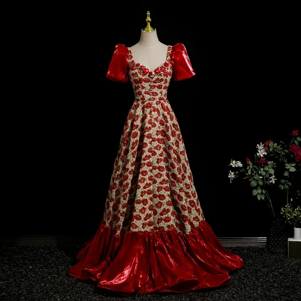 Fantaisie Bordeaux Fait main Appliques Floral Robe De Bal 2025 Robe Boule Encolure Carrée Manches Courtes Dos Nu Longue Robe De Ceremonie