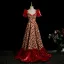 Fantaisie Bordeaux Fait main Appliques Floral Robe De Bal 2025 Robe Boule Encolure Carrée Manches Courtes Dos Nu Longue Robe De Ceremonie