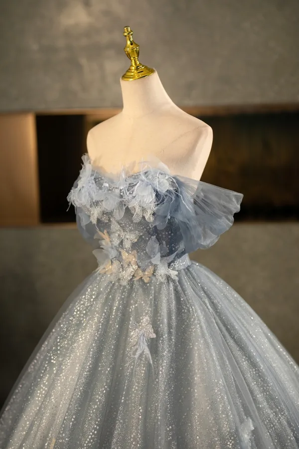 Bling Bling Grey Butterfly Appliques Sequins Tassel Prom Dresses 2025 Ball Gown Off-The-Shoulder Short Sleeve Backless Floor-Length / Long Formal Dresses