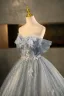 Bling Bling Grey Butterfly Appliques Sequins Tassel Prom Dresses 2025 Ball Gown Off-The-Shoulder Short Sleeve Backless Floor-Length / Long Formal Dresses