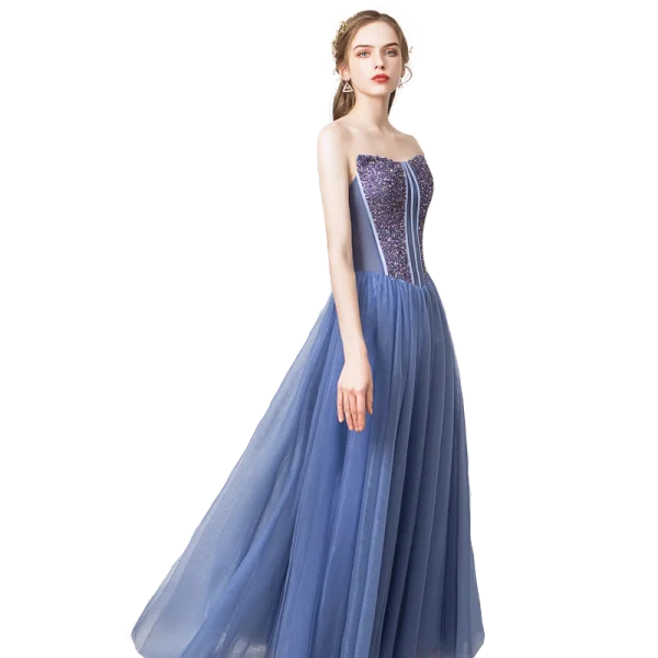 Chic / Beautiful Ocean Blue Evening Dresses  2019 A-Line / Princess Strapless Sleeveless Sequins Backless Floor-Length / Long Formal Dresses