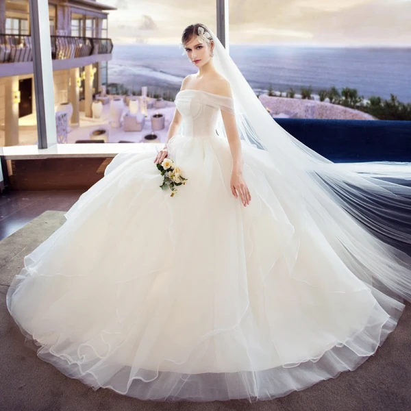 Elegant Ivory Wedding Dresses 2018 Ball Gown Ruffle Off-The-Shoulder Short Sleeve Floor-Length / Long Wedding
