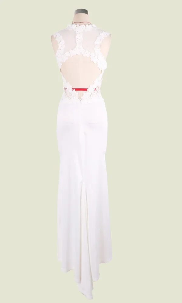 Modern / Fashion White Maxi Dresses 2018 Trumpet / Mermaid Lace Flower High Neck Sleeveless Sweep Train Womens Clothing