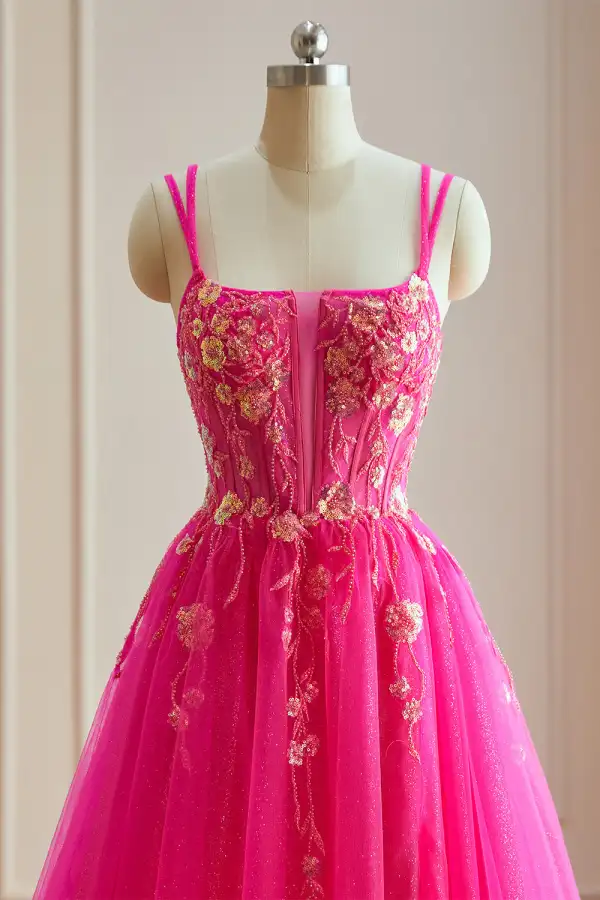 Accrocheuse Glitter Paillettes Fushia Robe De Bal 2024 Princesse Bretelles Spaghetti Dos Nu Sans Manches Longue Robe De Soirée