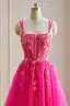Accrocheuse Glitter Paillettes Fushia Robe De Bal 2024 Princesse Bretelles Spaghetti Dos Nu Sans Manches Longue Robe De Soirée