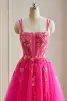 Eye-catching Glitter Sequins Fuchsia Prom Dresses 2024 A-Line / Princess Spaghetti Straps Backless Sleeveless Floor-Length / Long Evening Dresses