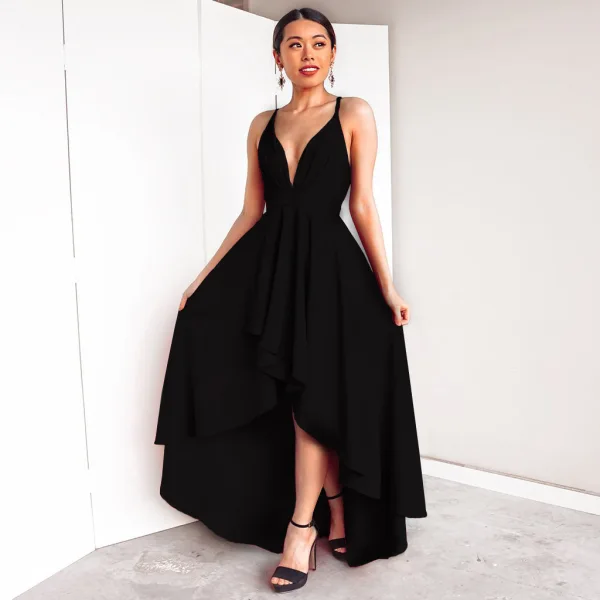 Chic / Belle Bordeaux Robes longues 2018 Princesse Noeud Asymétrique Bretelles Spaghetti Fond croisé plongeant Sans Manches Vêtements Femme