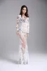 Sexy White Maxi Dresses 2018 Trumpet / Mermaid See-through Lace Flower V-Neck Long Sleeve Floor-Length / Long Womens Clothing