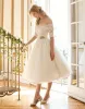 Chic / Beautiful White Dating Formal Dresses 2018 A-Line / Princess Summer Lace Flower Off-The-Shoulder Short Sleeve Tea-length