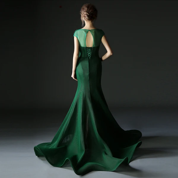 Luxury / Gorgeous Dark Green Evening Dresses With Cloak 2018 Trumpet / Mermaid Beading Pearl Rhinestone Scoop Neck Backless Sleeveless Sweep Train Formal Dresses