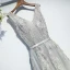 Chic / Beautiful Silver Bridesmaid Dresses 2017 A-Line / Princess Tea-length Lace Appliques Flower Pearl Crossed Straps V-Neck Sleeveless Bridesmaid