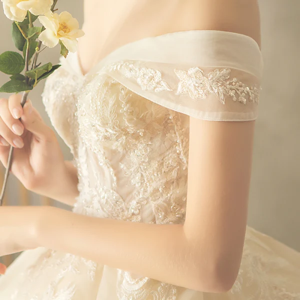 Elegant Champagne Wedding Dresses 2018 Ball Gown Backless Beading Lace Flower Sequins Off-The-Shoulder Short Sleeve Cathedral Train Wedding