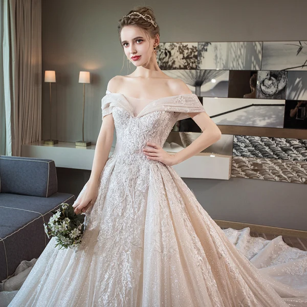 Luxury / Gorgeous Champagne Wedding Dresses 2018 Ball Gown Lace Beading Pearl Sequins Off-The-Shoulder Backless Short Sleeve Royal Train Wedding