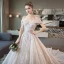 Luxury / Gorgeous Champagne Wedding Dresses 2018 Ball Gown Lace Beading Pearl Sequins Off-The-Shoulder Backless Short Sleeve Royal Train Wedding