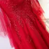 Chic / Beautiful Chinese style Red Evening Dresses  2017 Appliques Flower Lace Sequins Tulle Evening Party