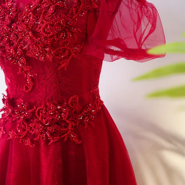 Chic / Beautiful Red Chinese style Evening Dresses 2017 A-Line / Princess High Neck Short Sleeve Crossed Straps Appliques Beading Flower Floor-Length / Long Evening Party