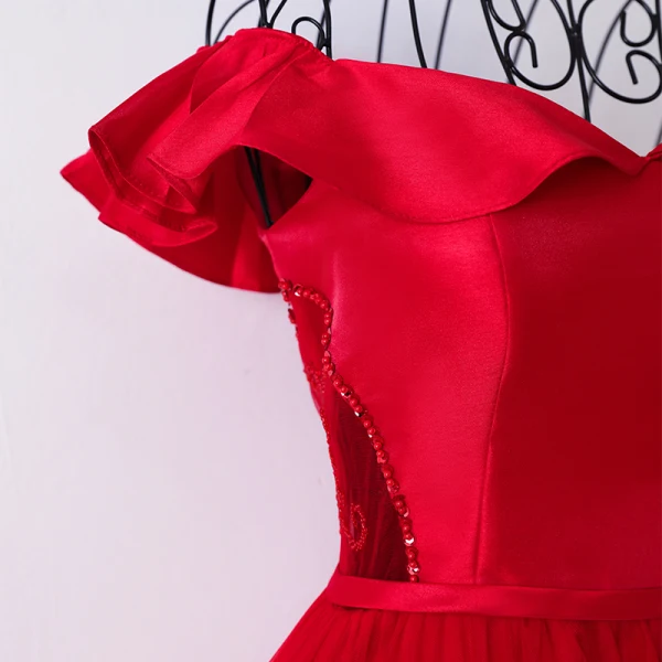 Chic / Beautiful Red Chinese style Evening Dresses 2017 A-Line / Princess Off-The-Shoulder Crossed Straps Short Sleeve Beading Sequins Floor-Length / Long Evening Party