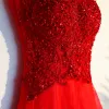 Chic / Beautiful Red Evening Dresses  2017 Evening Party Appliques Beading Lace Flower Sequins Tulle
