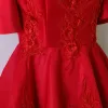 Chic / Beautiful Red Short Graduation Dresses 2017 A-Line / Princess Off-The-Shoulder Zipper Up Short Sleeve Appliques Flower