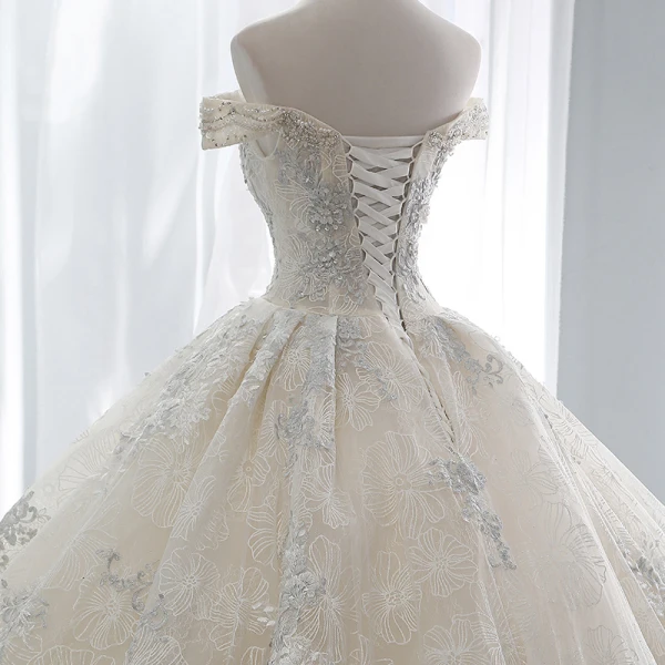 Luxury / Gorgeous Champagne Wedding Dresses 2018 Ball Gown Beading Lace Flower Crystal Pearl Rhinestone Sequins Off-The-Shoulder Backless Short Sleeve Royal Train Wedding