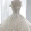 Luxury / Gorgeous Champagne Wedding Dresses 2018 Ball Gown Beading Lace Flower Crystal Pearl Rhinestone Sequins Off-The-Shoulder Backless Short Sleeve Royal Train Wedding