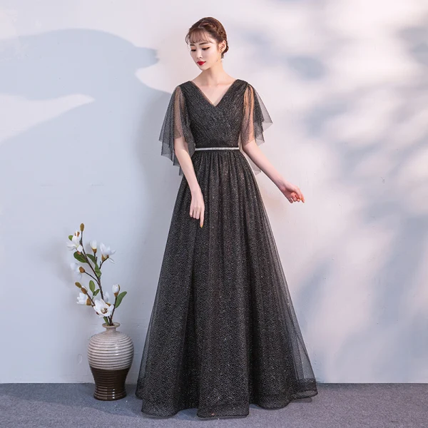Modern / Fashion Black Evening Dresses 2018 A-Line / Princess Sash V-Neck Backless Short Sleeve Floor-Length / Long Formal Dresses