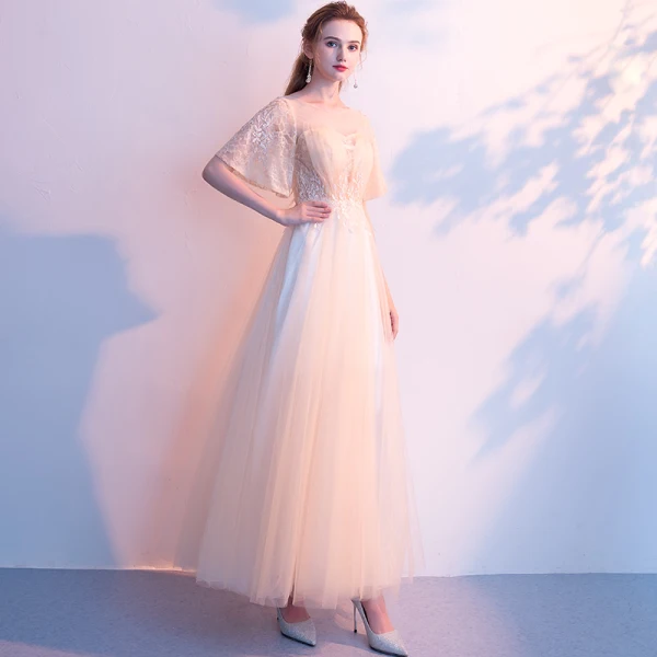 Elegant Champagne Evening Dresses 2018 A-Line / Princess Lace Flower Backless Scoop Neck Short Sleeve Ankle Length Formal Dresses