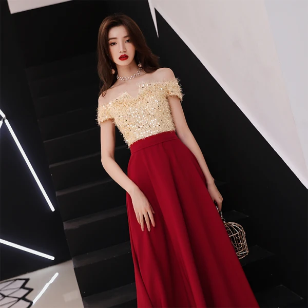Modern / Fashion Burgundy Evening Dresses 2018 A-Line / Princess Tassel Sequins Off-The-Shoulder Backless Short Sleeve Ankle Length Formal Dresses