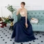 Chic / Beautiful Navy Blue Evening Dresses  2018 A-Line / Princess Sequins Scoop Neck Short Sleeve Ankle Length Formal Dresses