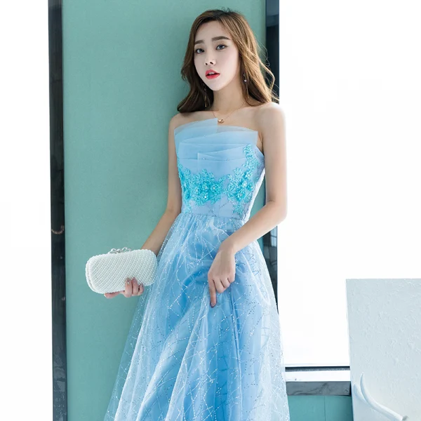 Chic / Beautiful Pool Blue Evening Dresses 2018 A-Line / Princess Lace Flower Rhinestone Sequins Strapless Backless Sleeveless Floor-Length / Long Formal Dresses
