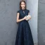 Chic / Beautiful Navy Blue Evening Dresses  2018 A-Line / Princess Lace Crystal Scoop Neck Backless Cap Sleeves Floor-Length / Long Formal Dresses