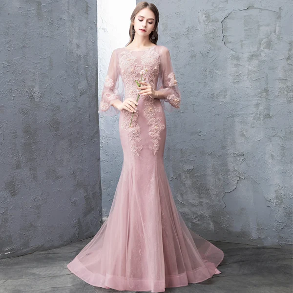 Modern / Fashion Candy Pink Evening Dresses  2018 Trumpet / Mermaid Lace Flower Appliques Beading Pearl Sequins Scoop Neck Backless 3/4 Sleeve Sweep Train Formal Dresses