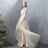 High Low Champagne Cocktail Dresses 2018 A-Line / Princess Handmade  Beading Sequins Backless Spaghetti Straps Sleeveless Sweep Train Formal Dresses