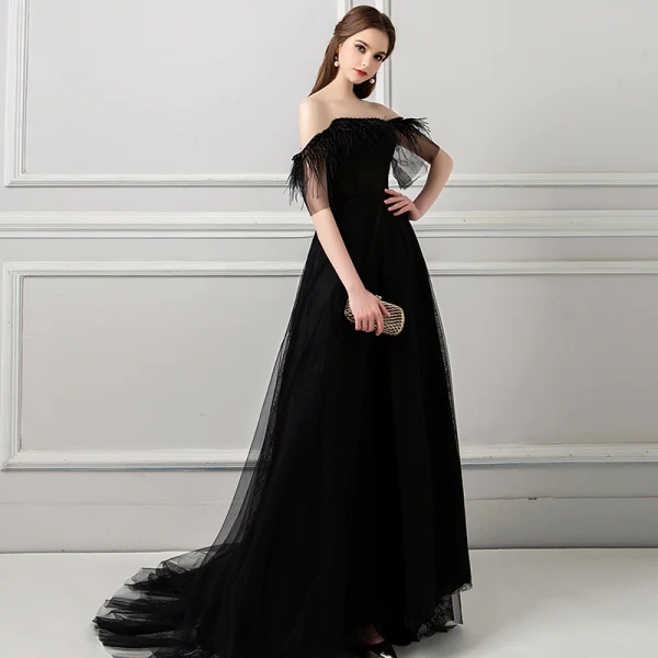 Amazing / Unique Black Evening Dresses  2018 A-Line / Princess Tassel Pearl Off-The-Shoulder Backless Short Sleeve Sweep Train Formal Dresses