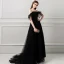 Amazing / Unique Black Evening Dresses  2018 A-Line / Princess Tassel Pearl Off-The-Shoulder Backless Short Sleeve Sweep Train Formal Dresses
