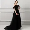 Amazing / Unique Black Evening Dresses  2018 A-Line / Princess Tassel Pearl Off-The-Shoulder Backless Short Sleeve Sweep Train Formal Dresses