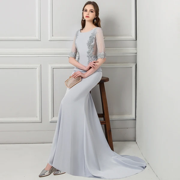Modern / Fashion Grey Evening Dresses 2018 Trumpet / Mermaid Beading Lace Flower Pearl Rhinestone Scoop Neck 1/2 Sleeves Sweep Train Formal Dresses