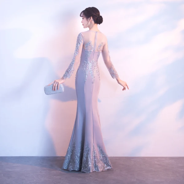 Elegant Grey Evening Dresses  2018 Trumpet / Mermaid Lace Flower Beading Pearl Scoop Neck Long Sleeve Floor-Length / Long Formal Dresses