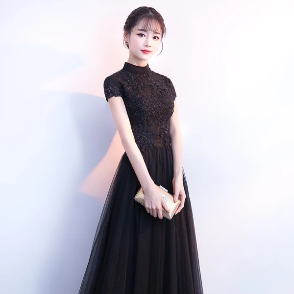 Modern / Fashion Black Evening Dresses 2018 A-Line / Princess Beading Crystal Lace Flower Sequins High Neck Short Sleeve Backless Floor-Length / Long Formal Dresses
