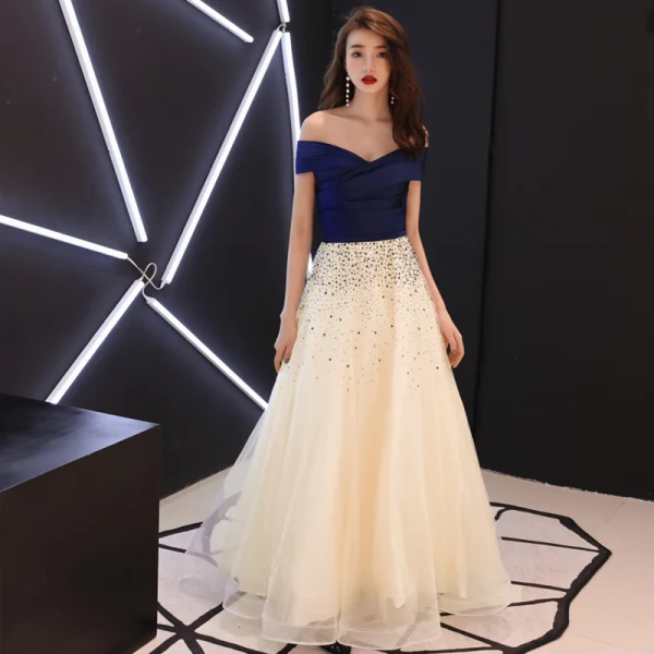 Elegant Champagne Prom Dresses 2018 A-Line / Princess Sequins Off-The-Shoulder Backless Short Sleeve Floor-Length / Long Formal Dresses
