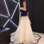 Elegant Champagne Prom Dresses 2018 A-Line / Princess Sequins Off-The-Shoulder Backless Short Sleeve Floor-Length / Long Formal Dresses