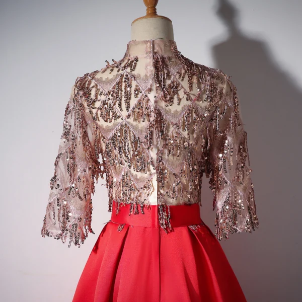 Luxury / Gorgeous Red Evening Dresses  2018 A-Line / Princess Sequins Beading Tassel High Neck 3/4 Sleeve Floor-Length / Long Formal Dresses