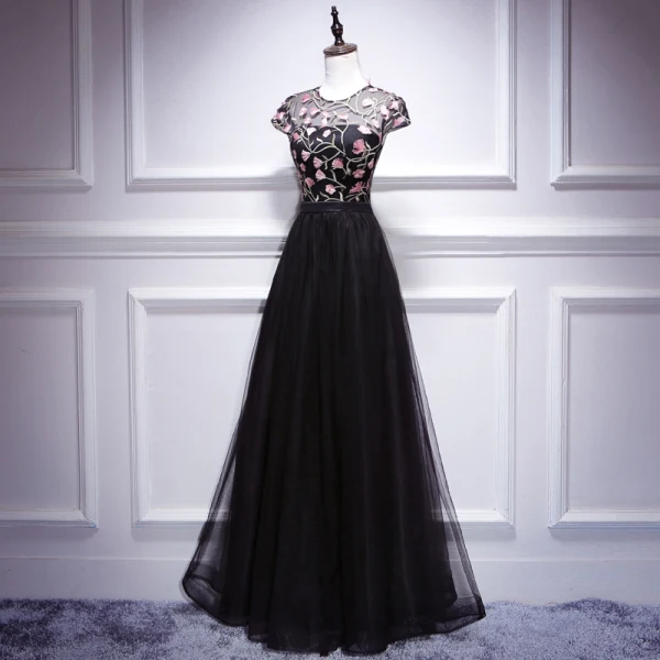 Chic / Beautiful Black Evening Dresses 2018 A-Line / Princess Lace Flower Scoop Neck Cap Sleeves Floor-Length / Long Formal Dresses