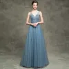 Luxe Bleu Robe De Bal 2018 Princesse Perlage Paillettes V-Cou Dos Nu Sans Manches Train De Balayage Robe De Ceremonie
