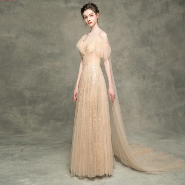 Luxe Champagne Robe De Bal 2018 Princesse Glitter Paillettes Bretelles Spaghetti Dos Nu Manches Courtes Watteau Train Robe De Ceremonie