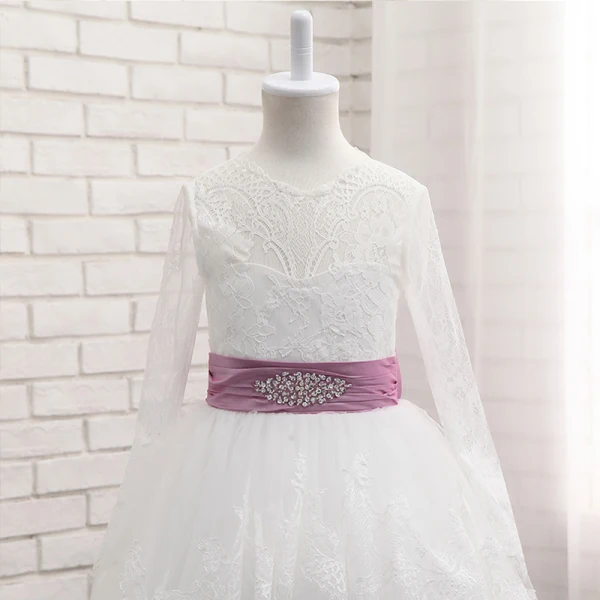 Chic / Belle Blanche Robe Ceremonie Fille 2017 Princesse Dentelle Volants Gland Dos Nu Encolure Dégagée Noeud Manches Longues Longue Mariage