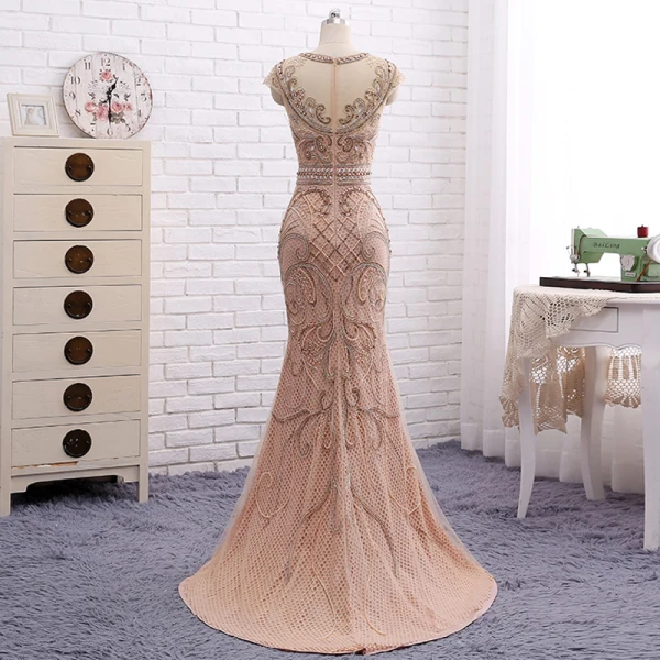 Amazing / Unique Champagne Evening Dresses 2017 Trumpet / Mermaid Beading Scoop Neck Zipper Up Short Sleeve Sweep Train Evening Party